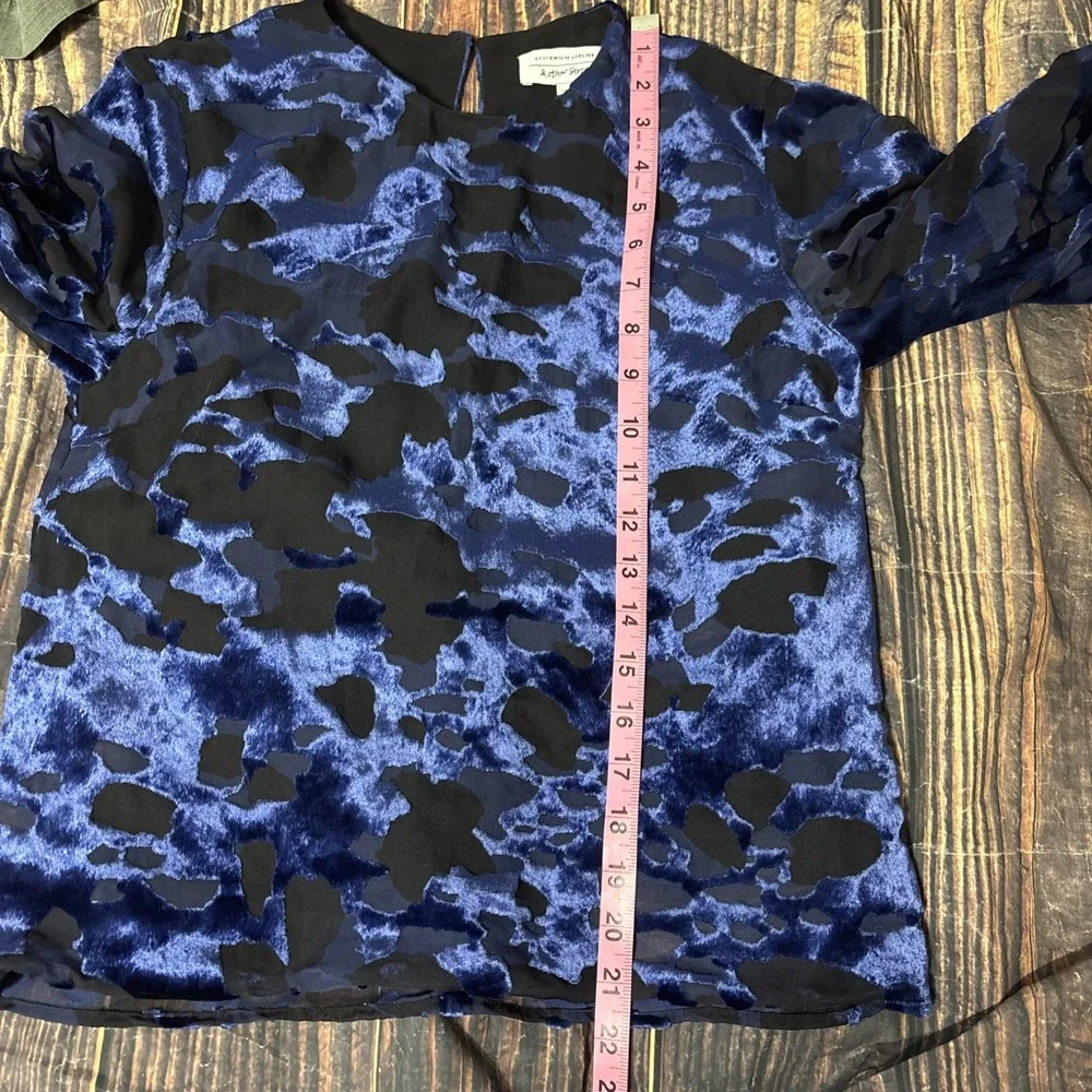 & Other Stories Womens 2 Velvet Leopard Balloon Sleeve Keyhole Back Blue Top - Picture 6 of 7